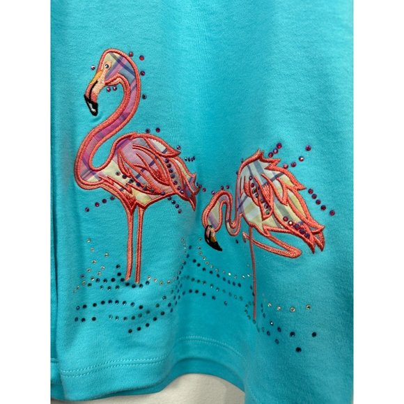 NWT Quaker Factory Medium Top Cardigan Flamingos Blue Button Up 3/4 Sleeve - Picture 3 of 15